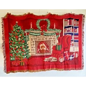 VTG Chatham Christmas Fireplace Tapestry, Woven Throw / Wall Hanging